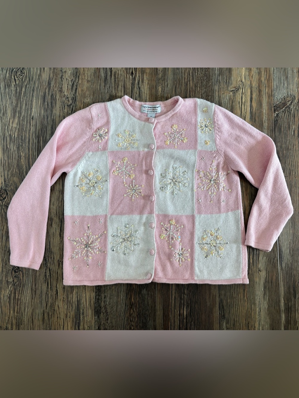Tiara International Christmas Collection Knit Sweater XL Pink White Snowflakes